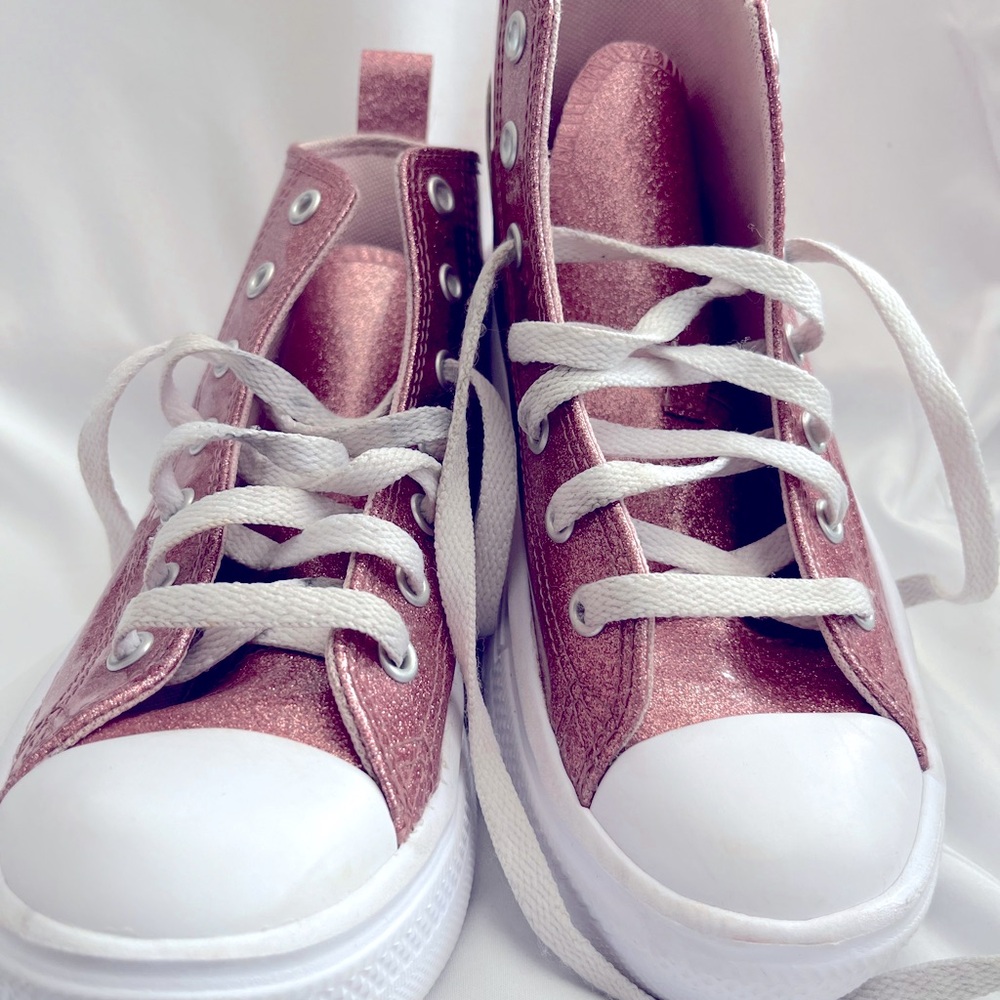 High Top Luggage Blush Pink Glitter Youth converse Shoes - Picture 3 of 7